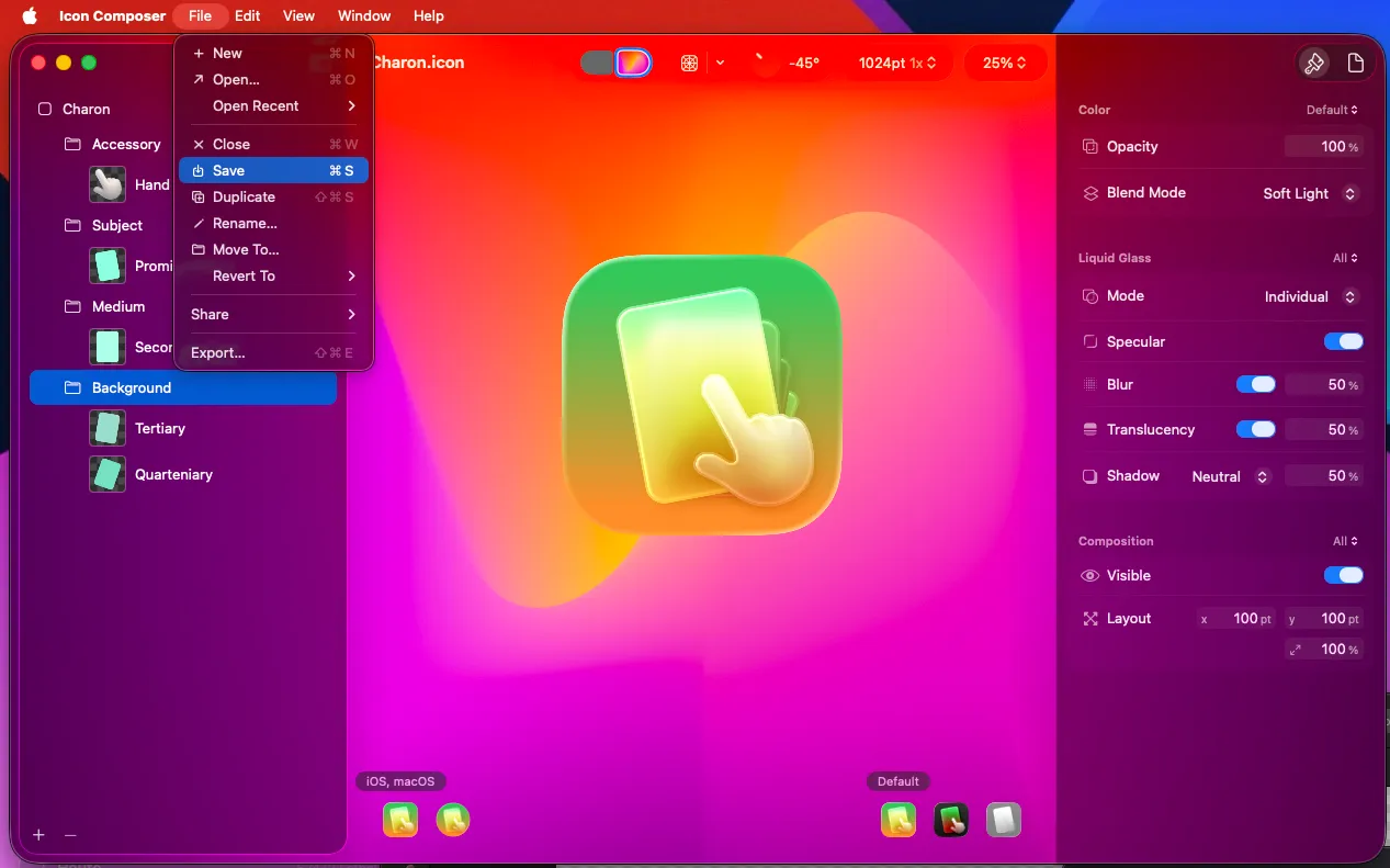 Icon Composer showing the save dialogue